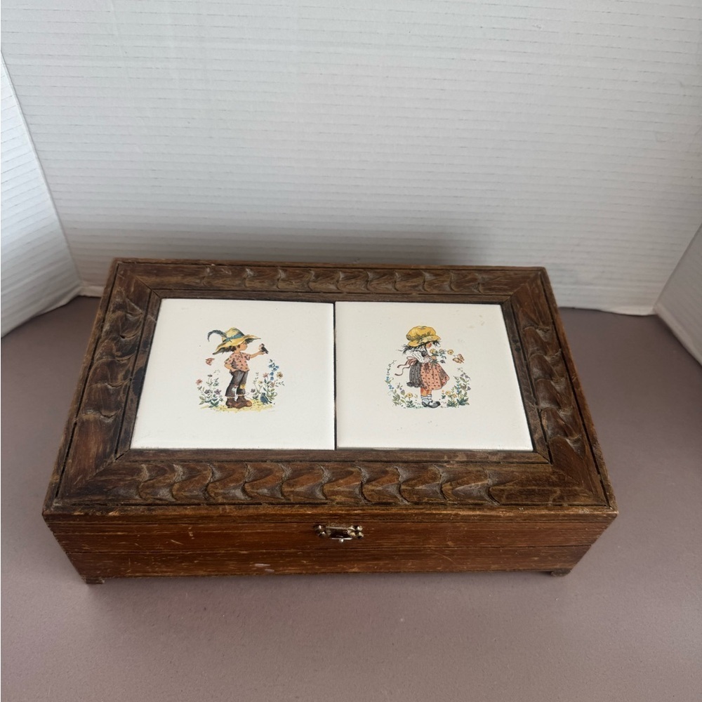 Vintage Hand Carved Wood Box with Tile Inserts